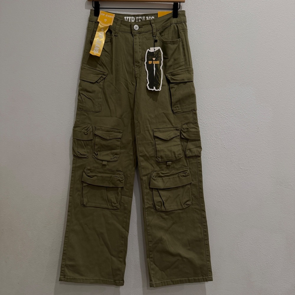 NEW VIP Jeans Cargo Pants Juniors 9/10 Multi Pocket Wide Leg Twill Olive Green